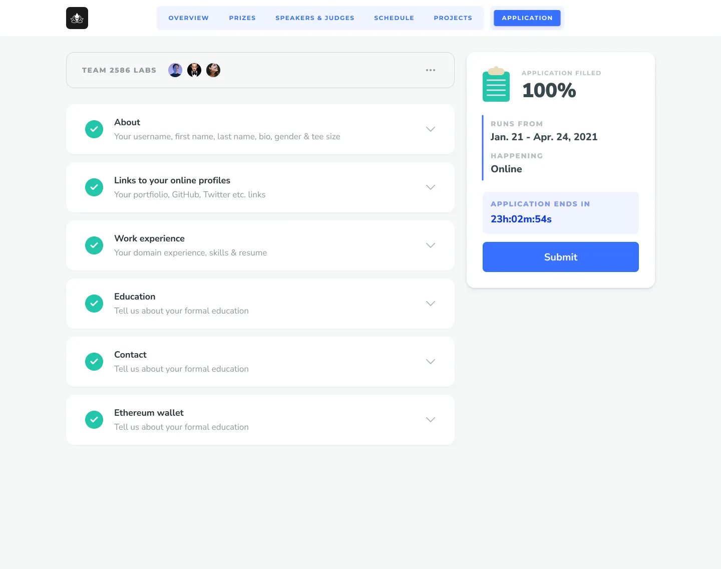 Submit application screen